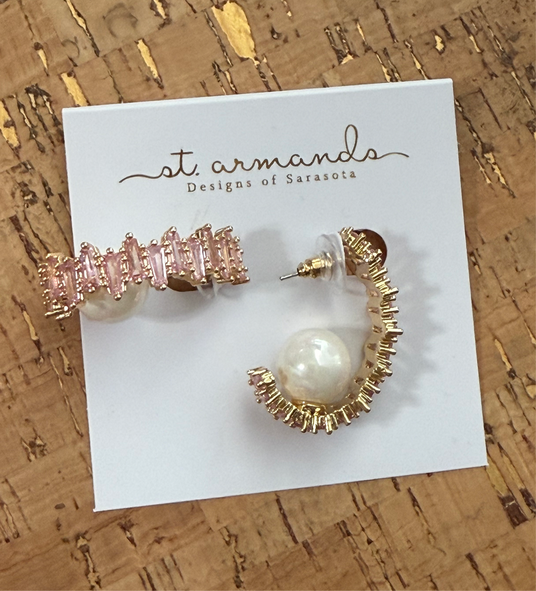Pink Rhinestone and Pearl Hoop Earrings